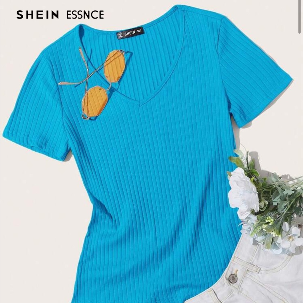 SHEIN Vibrant Blue V-Neck Ribbed Tee